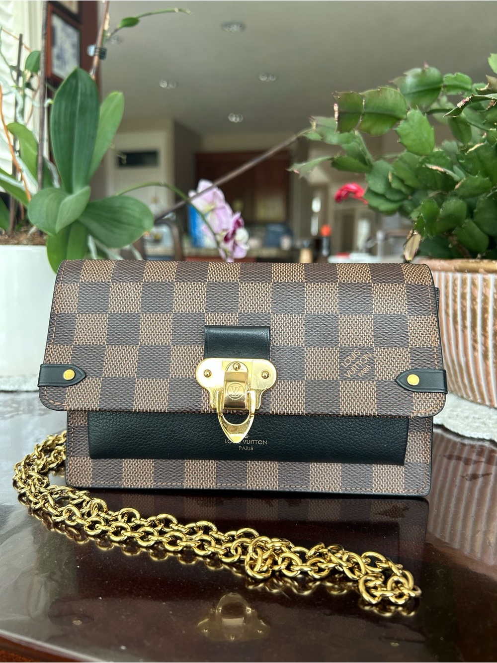 Louis Vuitton Damier Ebene Chain Wallet in Brown and Black